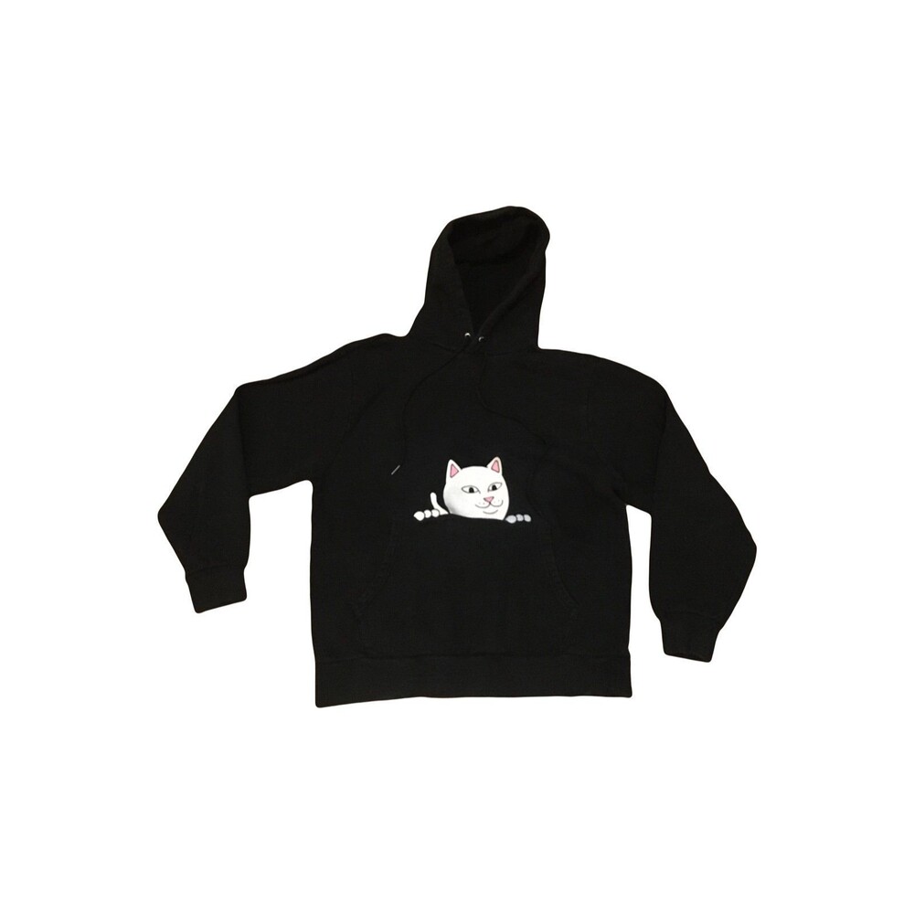 Rip n Dip SMALL Black Kangaroo pouch Hoodie with embroidered white cat on front